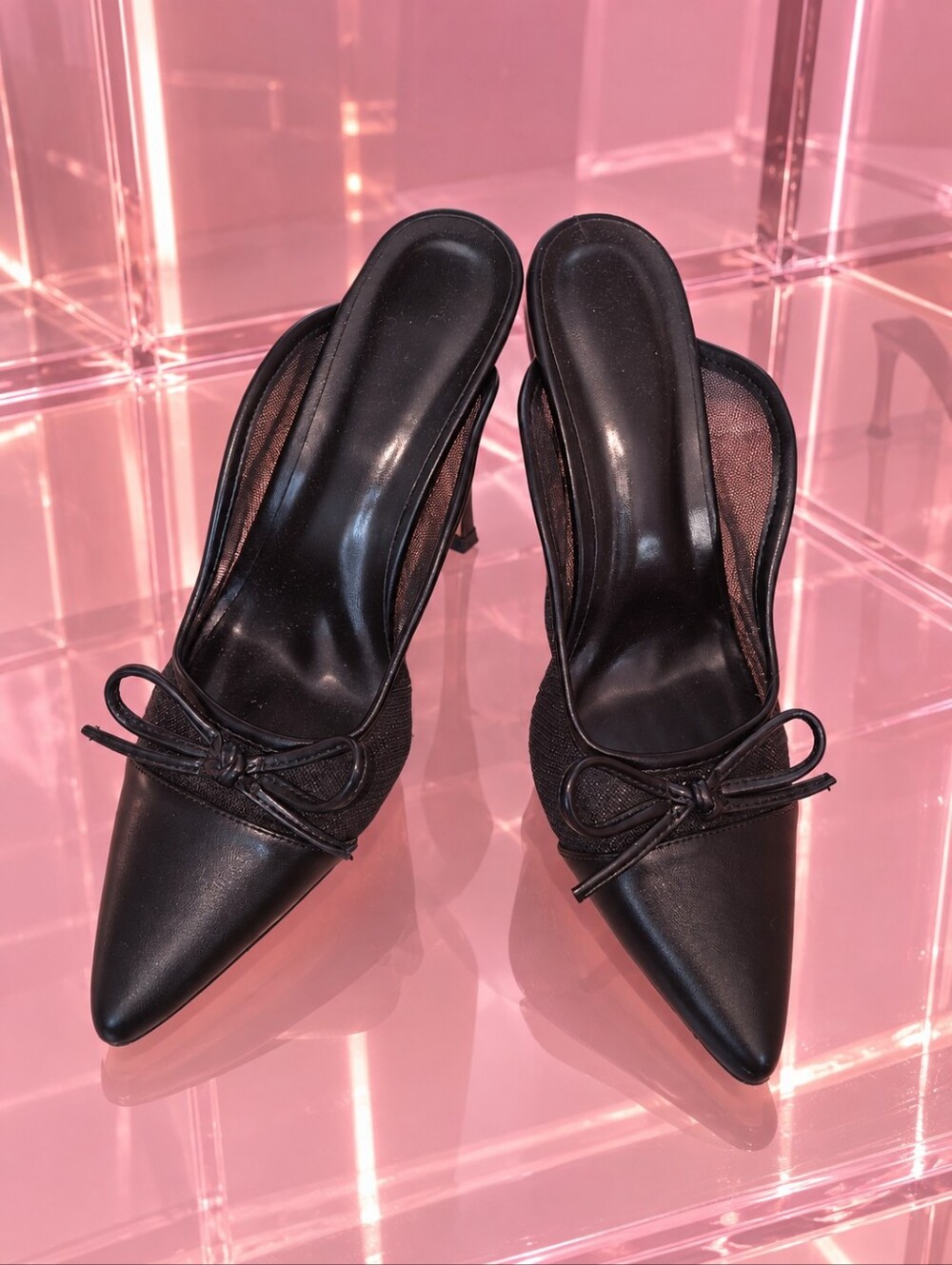 Black Pointed Toe Slip-On Heels with Bow And Mesh